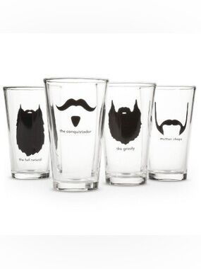 Novelty Beard Pint Glass Set Set of 4 Barware Beer Glasses Mutton Chops